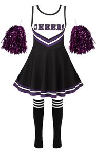 Kinder Mädchen Cheerleader Gr. 150 Cm Kostüm Komplettes Set Kleid mit Pompons Overknee Streifen Socken Faschingskostüm