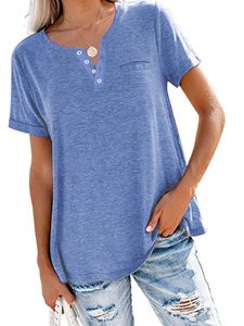 Loses einfarbiges Damenhemd mit V-Ausschnitt kurzärmeliges lässiges elastisches T-Shirt,Farbe: Blau,Größe:XXL