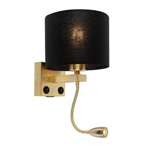 QAZQA - Modern Art Deco Wandlampe Gold I Messing mit USB und schwarzem Schirm - Brescia I Wohnzimmer I Schlafzimmer I Nachttischleuchte - Stahl Rund - I E27