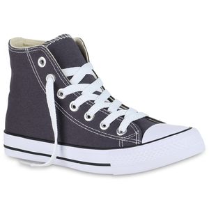 Mytrendshoe Damen Sneaker High Basic Canvas Turnschuhe Schnürer Freizeitschuhe 826091, Farbe: Dunkelgrau, Größe: 36