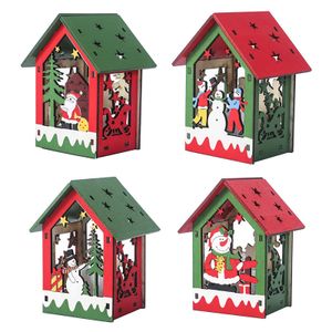 4 Stück Weihnachtsbaum Anhänger,Weihnachtsbeleuchtung,Holzhütte Mini LED Holzhaus Ornamente