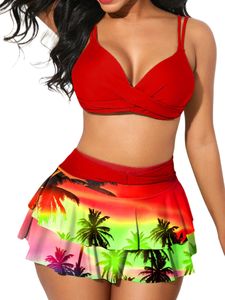 Damen-Bikini V-Ausschnitt Bademode Urlaubs-Push-Up-BH gepolstert hoch taillierte Badeanzüge,Farbe: Rot,EU:40