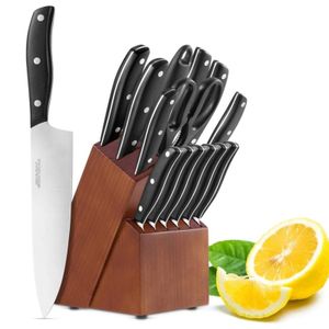 15 teilig Küchen Zubehör Messerset Kochmesser set Holzgriff Messerblock, mit Schere,schwarzer Griff