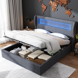 Merax Hydraulická posteľ Boxspring 140x200 cm Čalúnená posteľ s lamelovým roštom, LED osvetlením a úložným priestorom, hydraulická funkčná posteľ s posteľným prádlom, tmavosivá