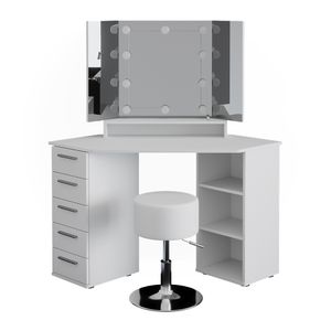 Vicco Corner vanity table Sofia, 128 cm with LED lighting and stool, White