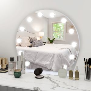 Puluomis Schminkspiegel Kosmetikspiegel 50x50 cm Hollywood Spiegel,  dimmbar mit 12 LED Beleuchtung 3 Lichtfarben, Tischspiegel rund