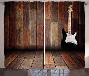 ABAKUHAUS Gitarre Rustikaler Vorhang, Gitarre Holz Zimmer, Wohnzimmer Universalband Gardinen mit Schlaufen und Haken, 280 x 245 cm, Braun Schwarz Weiß