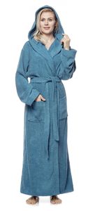 Bademantel Pandora für Damen mit Kapuze, extra lang, 100% Baumwolle, Farbe:Blaugrau, Größe:L