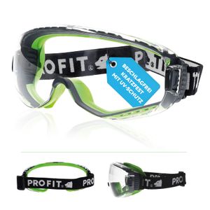 PRO FIT Schutzbrille T-Spex – klare Vollsichtbrille, Beschlagfreie Panoramaschutzbrille für Brillenträger, mit UV-Schutz & Ventilation - Grün/Schwarz