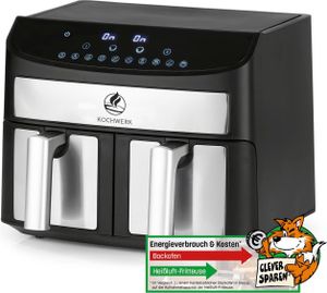 KOCHWERK Doppelkammer Heißluftfritteuse 7L Digitaler Edelstahl Airfryer mit Touchscreen 10 Programmen Frittieren ohne Öl fettarm Smart-Cook Funktion