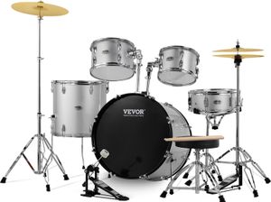 VEVOR Schlagzeug, 5-teilig, Drum in voller Größe mit Bass-Toms, Snare, Standtrommel, verstellbaren Thronständern, Becken, Hi-Hat-Pedal und Drumsticks, Anfänger-Schlagzeug, Silber