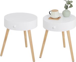 WOLTU 2er Set Nachttisch runde Beistelltisch, skandinavischem Design, Nachtkommode mit Schubladen aus MDF E1 Kiefernholz,  weiß, 38x38x47cm