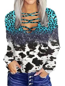 Damen Langarm T-Shirt Sport V Neck Tops Patchwork Cross Gaste Tunika Bluse Motivprint