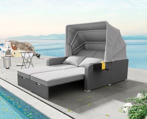 Flieks Gartensofa für 2 Personen, Polyrattan Gartenmöbel Set mit Sonnendach und Kissen, Gartenlounge Set Sofa Outdoor, Balkonmöbel Terrassenmöbel