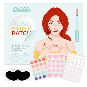 Chillife Pickel Patches Set inkl. Nosestrip | 146 Akne Pimple Patches, unsichtbare Acne Hydrokolloid Pflaster | Hautreinigung, Mitesserentferner, Hautschutz gegen Pickel für alle Hauttypen