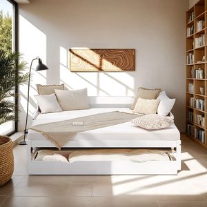 Homestyle4u Tagesbett Ausziehbett 90x200 cm mit Bettkasten Holzbett Weiß mit Lattenrost 2799