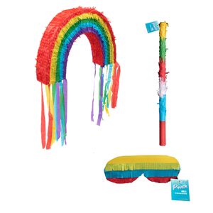 Pinata Set Regenbogen Happy Birthday  Mit Schlag Stock und Brille Maske Zum Aufhängen und Befüllen Bunt Party Deko Geburtstag Kinder  58 x 11 x 38 cm