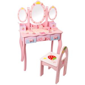 Kinder Schminktisch Holz Mädchen Spiegel Hocker Make-up Tisch Kosmetiktisch, Color:Pink