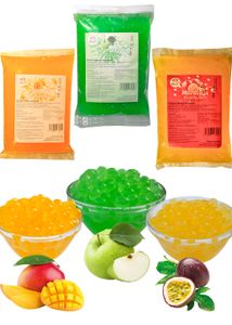 Bubble Tea Popping Boba Mix - 3 x 600g Mango+Grünapfel+Maracuja Boba Fruchtperlen - Aktion: 1 Gratis 600g Packung - Natur&Vegan&Glutenfrei Boba Perlen