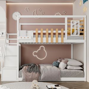 Merax Poschodová posteľ 90x200 cm so schodmi, ochranou proti vypadnutiu a oknom, detská postieľka s 3 skrinkami, poschodová posteľ z borovicového dreva, posteľ pre mladých, biela