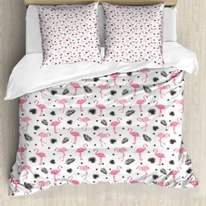 ABAKUHAUS Flamingo Bettbezug, Aquarell-Kunst Flamingo, Milbensicher Allergiker geeignet mit Kissenbezügen, 200 cm x 200 cm - 80 x 80 cm, Schwarz Pink Cream
