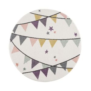 Teppich Kinderzimmer - Cream – Wimpel Girlande - Sterne Kurzflor Kinderteppich, Größen:160 cm Rund