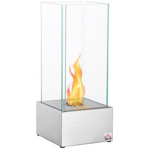 HOMCOM Ethanol-Kamin Feuerschale Bio-Ethanol-Brenner 0,4L 2 Std. Brenndauer 15m² mit Feuerlöschdeckel Edelstahl Hartglas Silber 25 x 25 x 60 cm