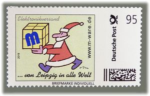 95ct. 'Weihnachtsmann rot', Cartoon-Briefmarke aus der Serie '... von Leipzig in alle Welt'. ID20332