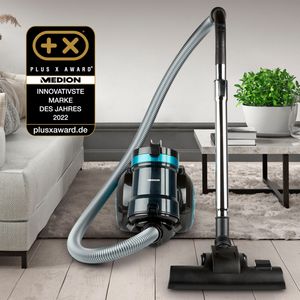 Cyklónový vysavač MEDION s příkonem 150 W, objem nádoby na prach 2 l, pracovní záběr 5 m, omyvatelný filtr EPA E12, MD 19407, modrá barva