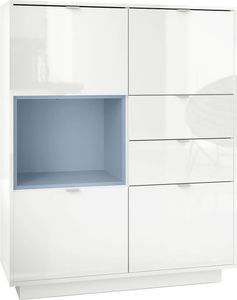 Vladon Highboard Sideboard Metro,  Germany, Korpus in Weiß Hochglanz / Fronten in Weiß Hochglanz mit Einsatz in Denim matt