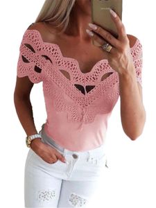 Damen Blusen Baumwolle Kurzarm T-Shirt Comfy Sommer Tops Soft V Neck Pullover Rosa,Größe XXL