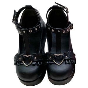 Damen JK Lolita Gothic Bezaubernd Plateau Kleid Pumps Booster-Schuhe Mary-Jane-Schuhe - Matter Schwarz 38 (Die Größe ist etwas kleiner)