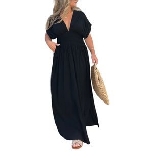 Damen V-Ausschnitt Maxikleider mit Taschen Hohe Taille Kleid Summer Beach Casual Long Kleid  Schwarz,Größe:3xl