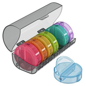 WELLGRO runde Tablettenbox für 7 Tage - Pillendose bunt 2 Fächer pro Tag - Klappdeckel mit Druckverschluss - BPA-freier Kunststoff - Farbe wählbar, Farbe:Schwarz