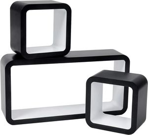 WOLTU Wandregal Cube Regal 3er Set Würfelregal Hängeregal, Quadratisch Schwebend Design, schwarz-weiß