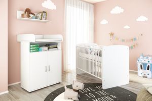 nonjoo - Baby Zimmer Lunis Set 1: best. aus Babybett, Kommode, Wickelaufsatz und Wandboard