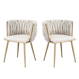 LVHOM Esszimmerstühle Leinenbezug Wohnzimmerstuhl 2er Set Polstertuhl Geflochtener Stil, Esszimmer Stuhl, Goldene Metallrahmen, Beige