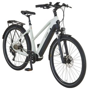 Prophete Entdecker 5.0 Damen Trekking E-Bike 28" – AEG 250W Mittelmotor, 220 km Reichweite, Shimano Deore 10-Gang, Hydraulische Scheibenbremsen, LED-Beleuchtung, Integrierter Li-Ion Akku, Grau/Schwarz