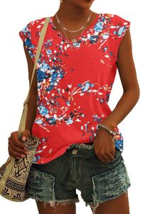 ASKSA Damen V-Ausschnitt Drucken Flügelärmeln T-Shirt Sommer Shirts ärmellose Top Basic Tee Oberteile, Floral Rot Blau, M