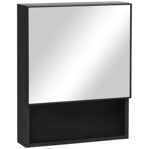 kleankin zrcadlová skříňka, nástěnná skříňka, koupelnová skříňka se zrcadlovými dvířky, koupelnová skříňka, skříňka se 2 vnitřními policemi a 1 otevřenou policí, nástěnná skříňka, nerezová ocel, sklo, černá, 46 x 13,5 x 58 cm