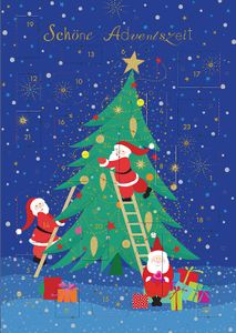 DeCoArt... 1 Adventskalenderkarte Adventskalender Umschlagkarte Weihnachtsmänner schmücken  Tannenbaum ca 16,6 x 11,5 cm bunt
