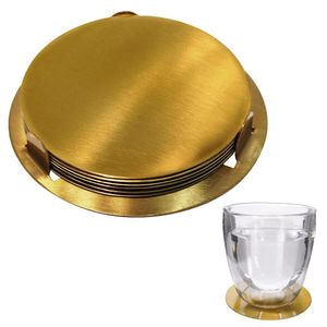 Excellent Houseware Untertassen Untersetzer Coaster für Becher Gläser aus Stahl mit Ständer in Goldfarbe 6 Stück Set