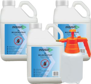 INSIGO 3x5L + 2L Sprüher Anti-Milbenspray, Mittel gegen Milben Milbenbefall Milbenfrei Schutz gegen Eier auf Wasserbasis, fleckenfrei, geruchlos, mit Schnell- & Langzeitwirkung frei EX