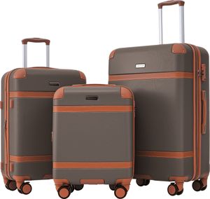Sada kufrů Flieks 3 ks, vintage zavazadla, sada kufrů na kolečkách, sada cestovních kufrů se 4 kolečky a zámkem TSA, pevná skořepina, M-L-XL, hnědá barva
