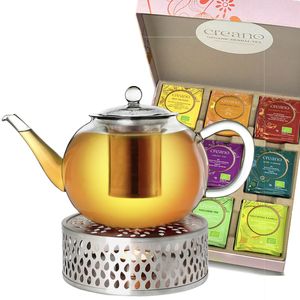 Creano 3er-Set 1,6 Liter Teekanne mit Stövchen und 45er-Geschenkset „ORGANIC HERBAL TEA“  Kräuter/Früchtetee *²