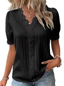 Bluse Kurzarm Damen Spitzen Oberteil V Ausschnitt Shirts Elegant Puffärmeln Damenblusen Sommer Schickes Hemd Tunika