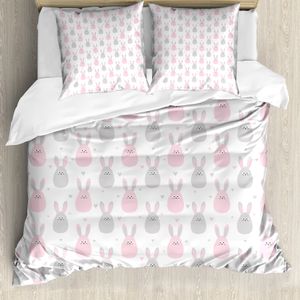 ABAKUHAUS Hase Bettbezug Set für Einzelbetten, Fluffy Baby-Kaninchen-Karikatur, Milbensicher Allergiker geeignet mit Kissenbezug, 155 cm x 220 cm - 80 x 80 cm, Baby-Rosa und Hellgrau