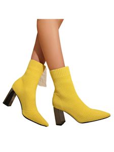 Damen Stiefel Pumps Spitze Toe Sockenstiefel Anti Slip Mittlere Kalb Elastischer Schuhe Gelbe Dicke Ferse,Größe:EU 37