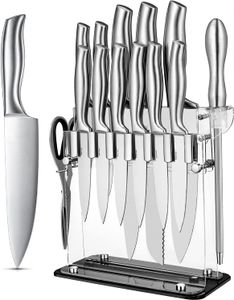 Messerblock, 14-TLG Messerset, Scharfes Profi Messer Set aus Edelstahl, Küchenmesser Set mit Schärfstab und Messerhalter aus Acryl