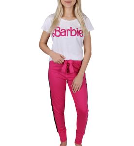 Barbie Kurzarm-Baumwollpyjama für Damen, lange Hose, weiß und rosa S